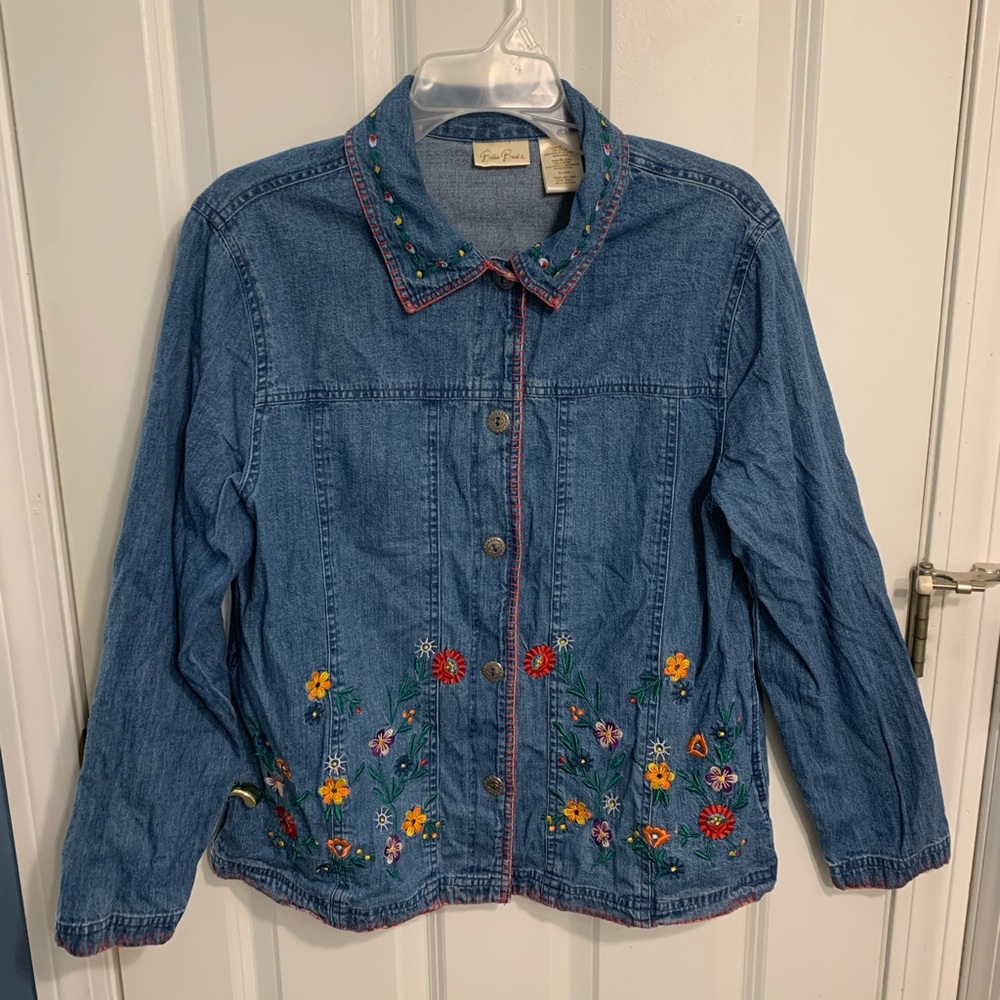 Bobbie Brooks Women’s Denim Shacket With Embroidered Colorful Flowers Sz Medium